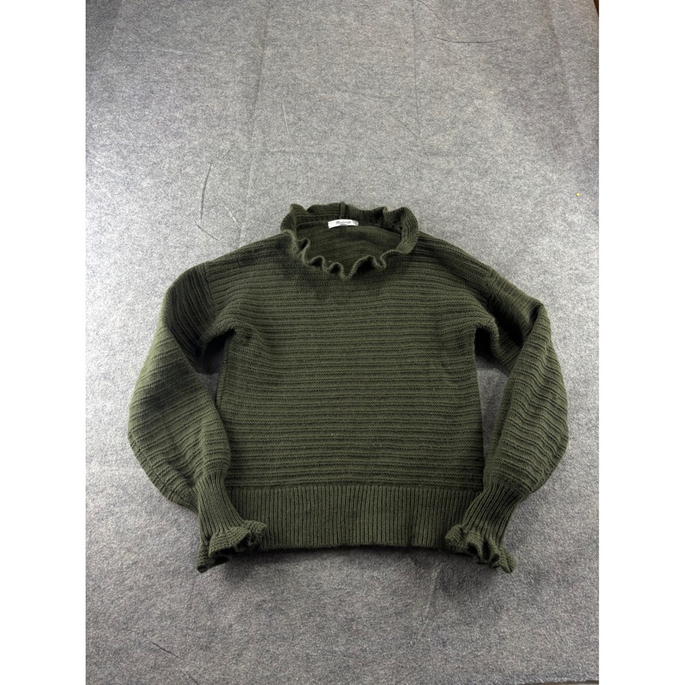 Madewell Ruffle Neck Pullover Sweater Olive Green Merino Wool Blend XS Fall Prep